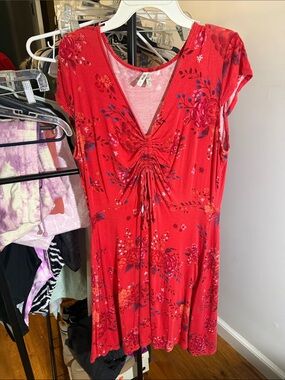 Mudd orange red Floral V-Neck Ruched Drawstring Dress